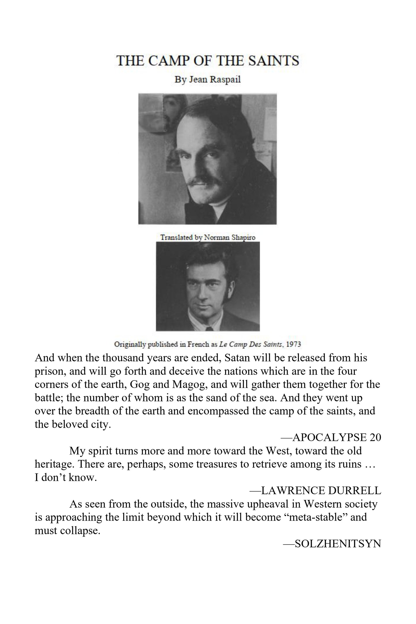 The Camp of the Saints by Jean Raspail Critical  book 1994