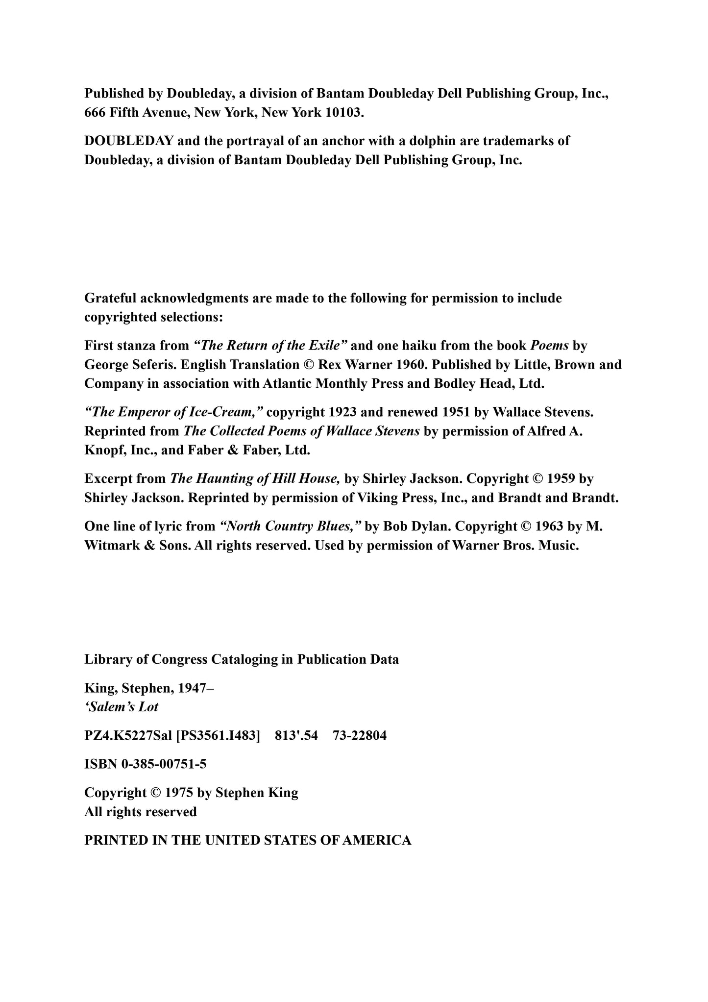 Salem’s Lot 1975  by Stephen King