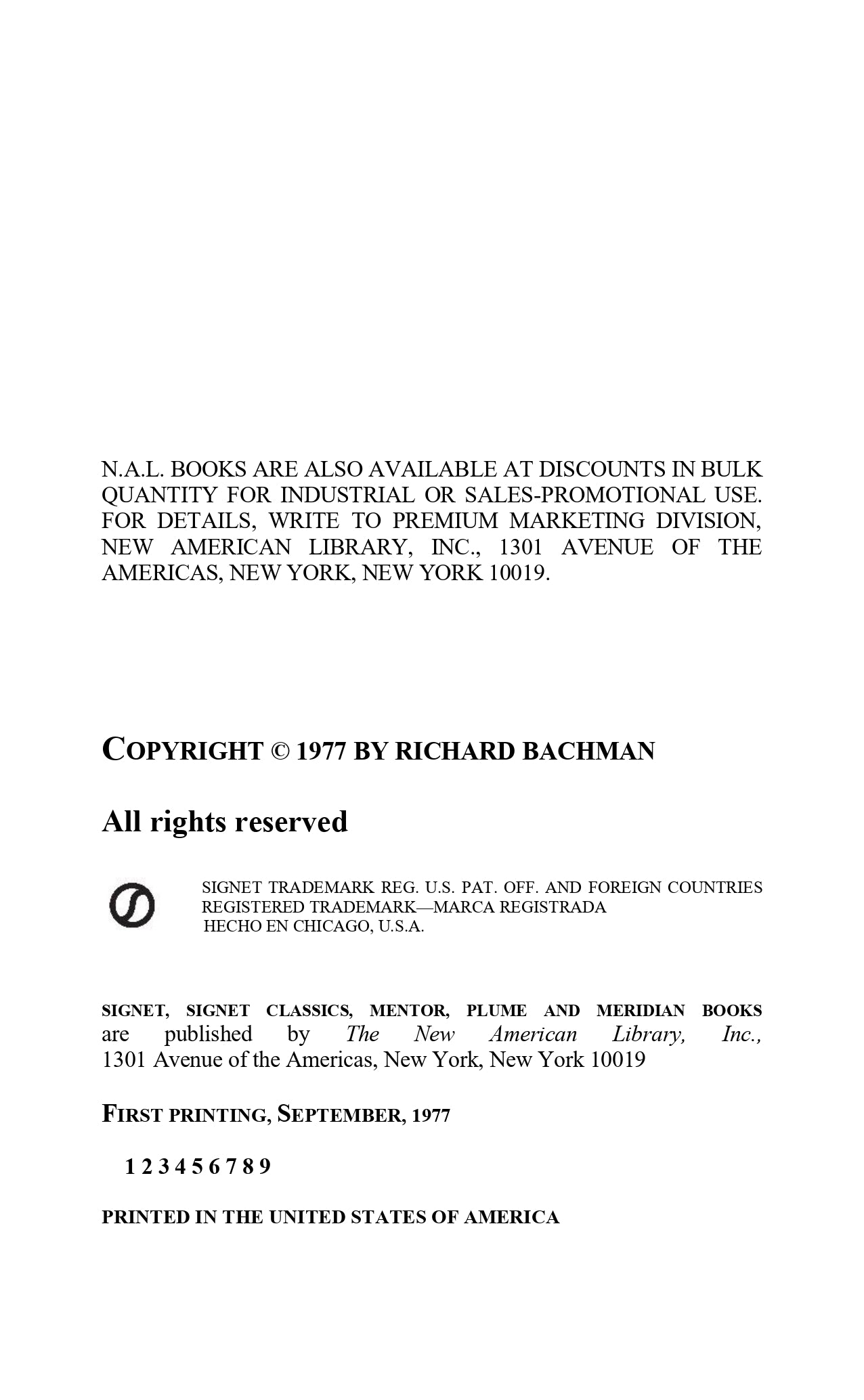 RAGE by  Stephen King(Richard Bachman) 1st  1977